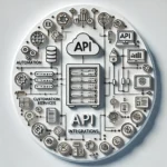 API entegrasyonlarını simgeleyen, birbirine bağlı cihazlar ve hizmetlerden oluşan bir ağ görseli ve ortasında Reseller Hosting'i temsil eden bir sunucu rafı