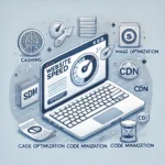 Web sitesi hız optimizasyonunu temsil eden, bir dizüstü bilgisayar ekranında çok hızlı yüklenen bir web sitesi ve çevresinde önbellekleme, görsel optimizasyonu gibi hızı simgeleyen ikonlar